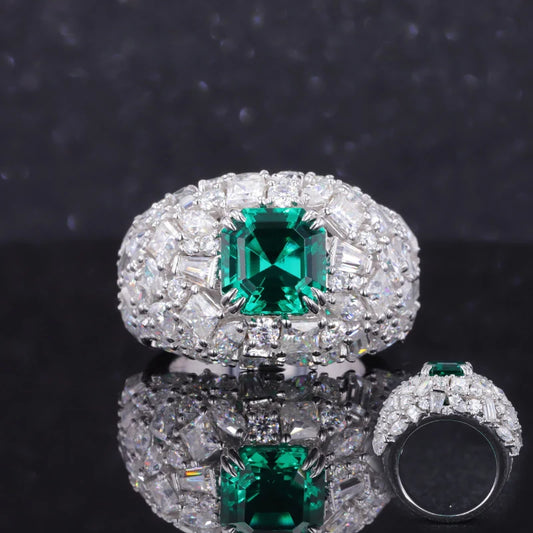 8.5*8.5mm Asscher Cut Zambian Green Emerald with All-Cut Moissanite on Band Ring in 18K Solid White Gold