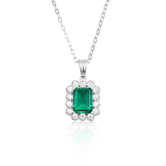 6*8mm Emerald Moissanite Halo Pendant/Necklace in 18K White Gold-Plated 925 Sterling Silver