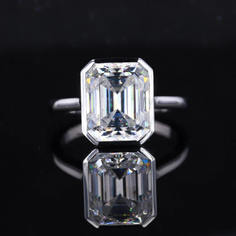 9*11mm Emerald Cut Moissanite Solitaire Ring in 14K Solid White Gold