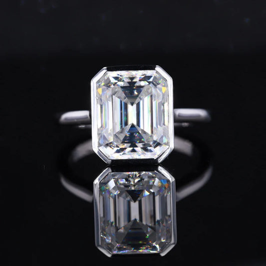 9*11mm Emerald Cut Moissanite Solitaire Ring in 14K Solid White Gold