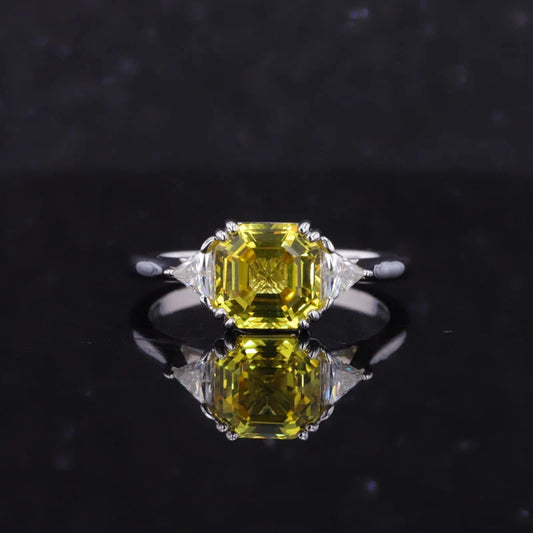 7*7mm Asscher Cut Yellow Sapphire with Moissanite Ring in 14K Solid White Gold