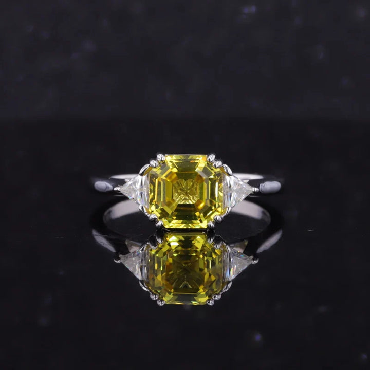 7mm, 2.50ct Asscher Lab-Grown Yellow Sapphire with Diamonds Three-Stone Ring in 14K White Gold