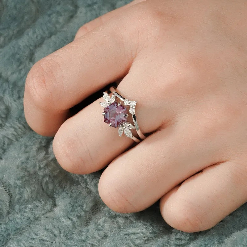 7mm Hexagon Cut Alexandrite with Diamond Ring with Diamond Staking Ring in 14K Solid White Gold