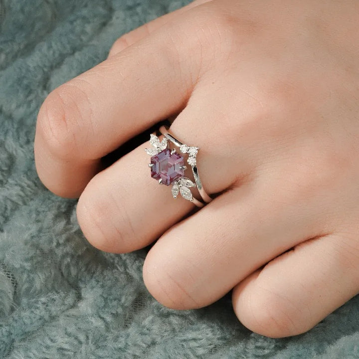 7mm Hexagon Cut Alexandrite with Diamond Ring with Diamond Staking Ring in 14K Solid White Gold