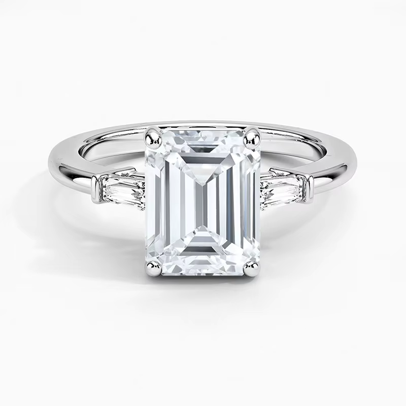 2.50ct Emerald Lab-Grown Diamond Solitaire Ring with Two-Stone Band in Solid Gold