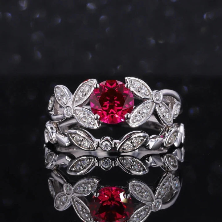 5mm, 1.00ct Round Lab-Grown Red Ruby with Floral Diamond Accent Ring with Floral Stacking Band in 14K White Gold