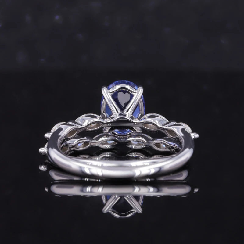 5x7mm, 1.10ct Oval Lab-Grown Blue Sapphire with Marquise Diamond 5-Stone Ring with Stacking Band in 14K White Gold