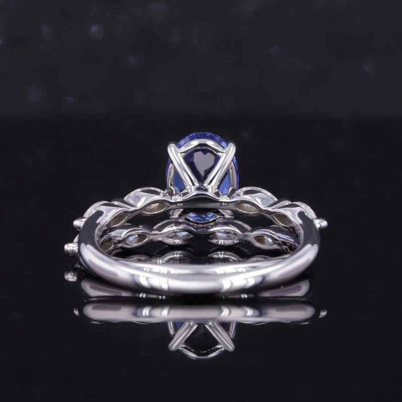 5*7mm Oval Cut Blue Sapphire Ring with Marquise Moissanite in 14K Solid White Gold