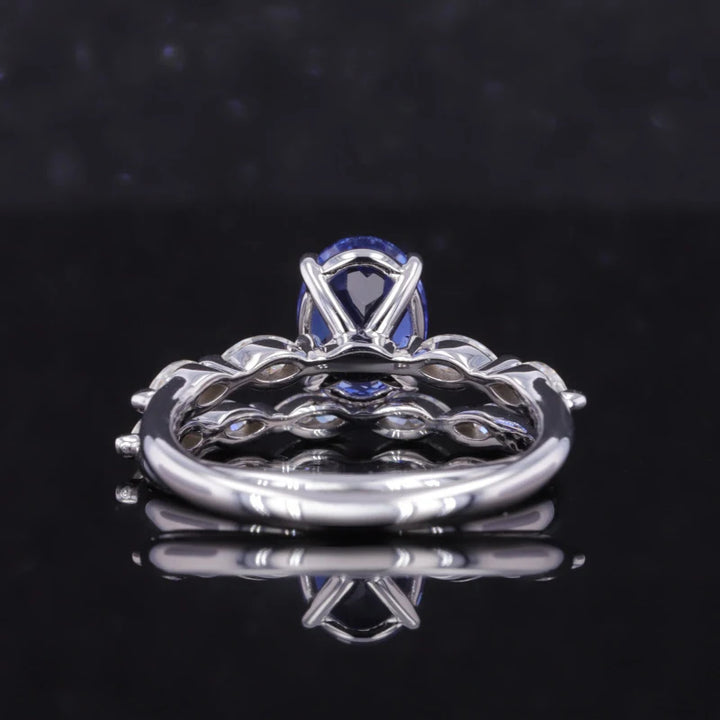 5x7mm, 1.10ct Oval Lab-Grown Blue Sapphire with Marquise Diamond 5-Stone Ring with Stacking Band in 14K White Gold