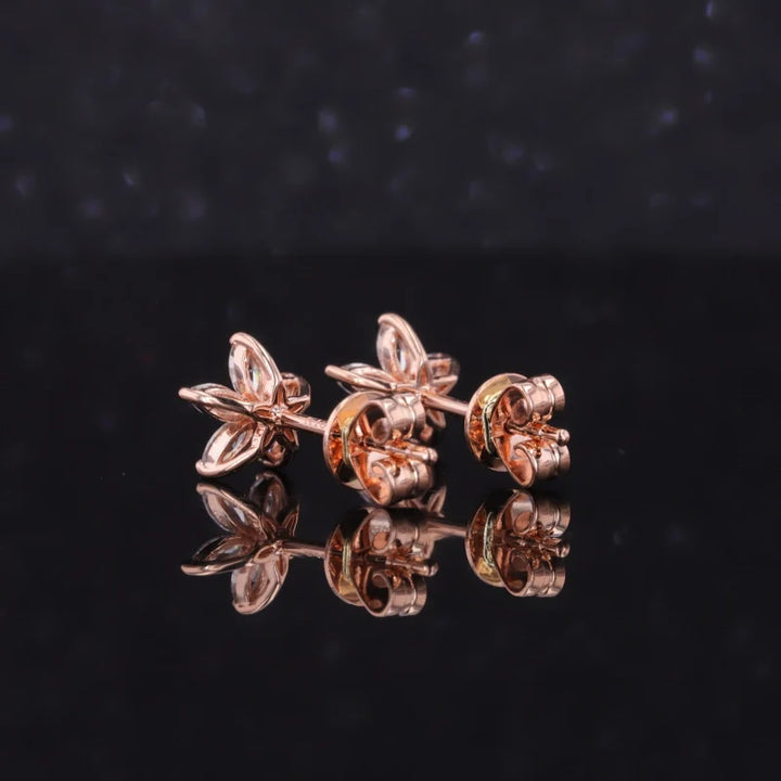 Five Petal Flower Diamond Earrings in 14K Solid Rose Gold