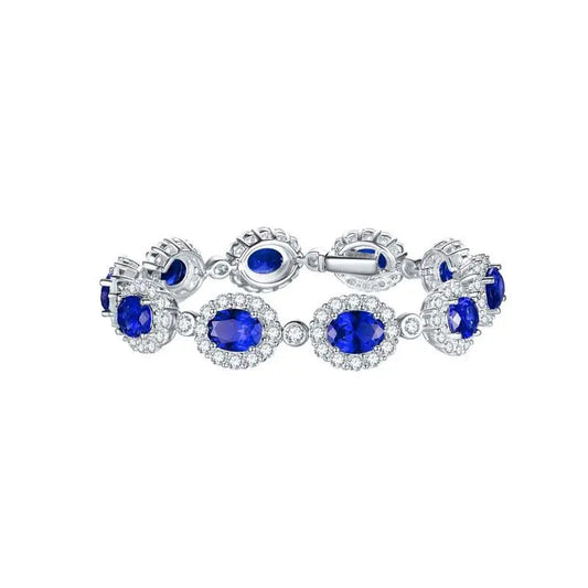 Oval Cut Blue Sapphire with halo Bracelet in 18K White Gold Plated 925 Silver