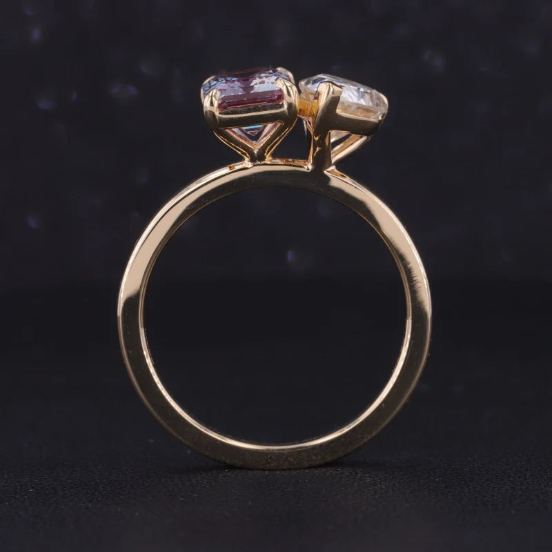 6*8mm Emerald Cut Alexandrite and 6*8mm Pear Cut Moissanite Toi Et Moi Ring in Solid 14K Yellow Gold