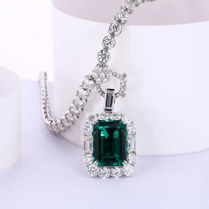 10x13mm, 6.50ct Lab-Grown Zambian Emerald Pendant with Bezel-Set Moissanite Tennis Necklace in 10K White Gold