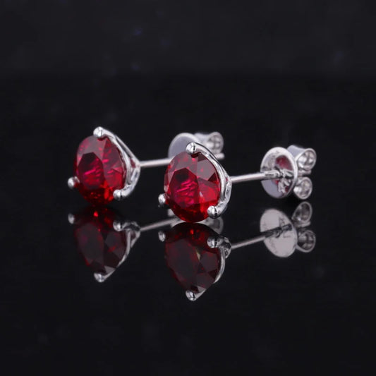 Round Cut Pigeon Blood Red Ruby Earrings in 10K Solid White Gold