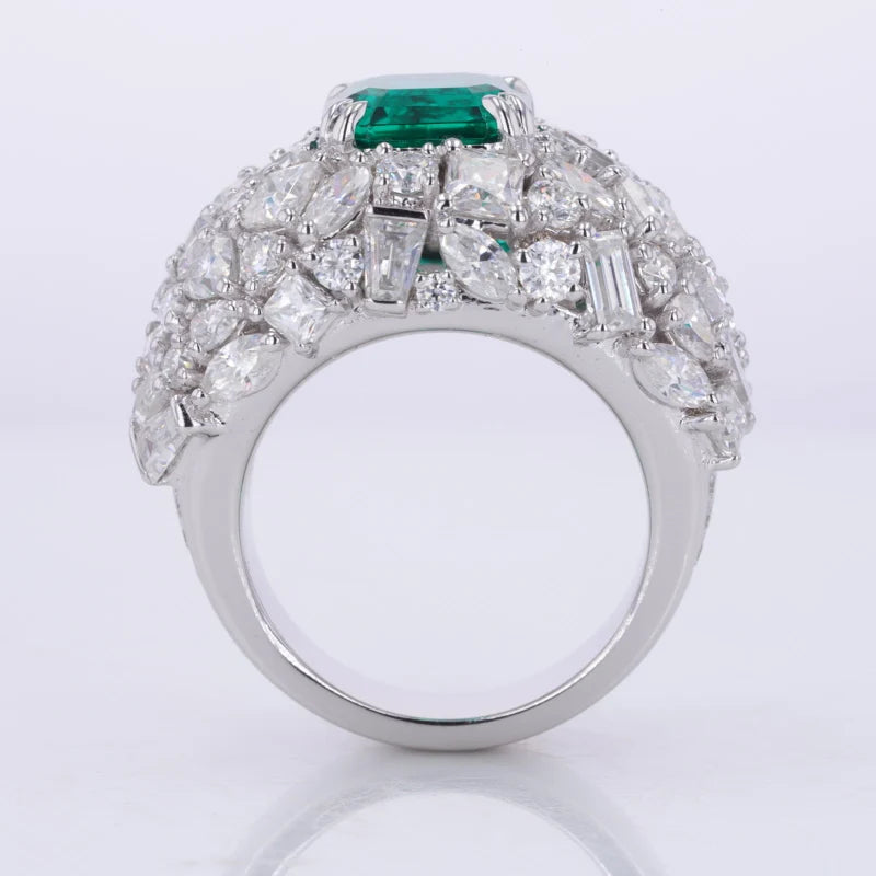 8.5*8.5mm Asscher Cut Zambian Green Emerald with All-Cut Moissanite on Band Ring in 18K Solid White Gold