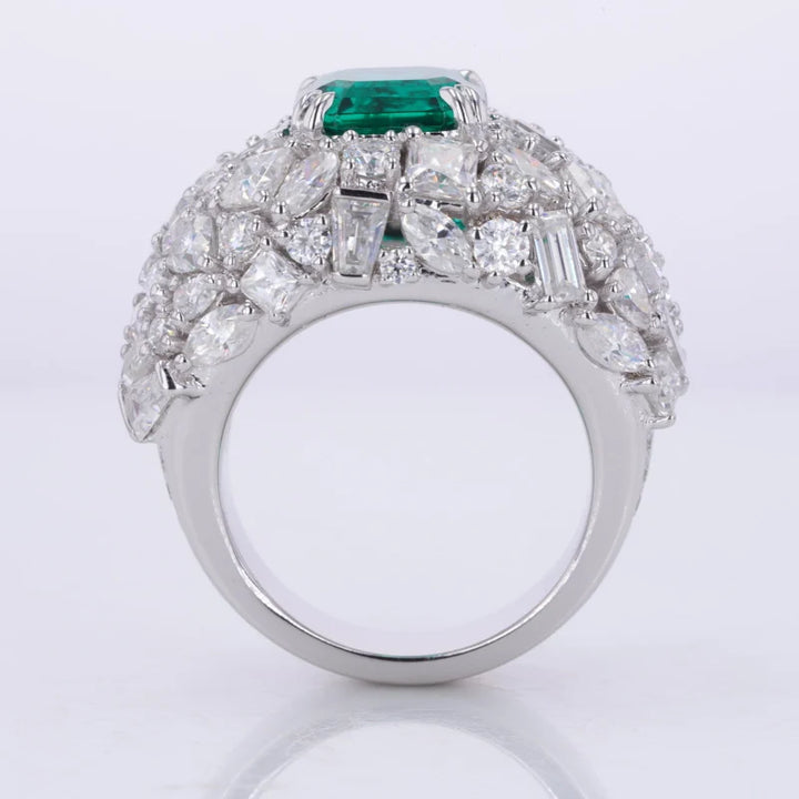8.5x8.5mm, 3.00ct Asscher Cut Zambian Emerald with All-Cut Diamond on Band Ring in 18K White Gold