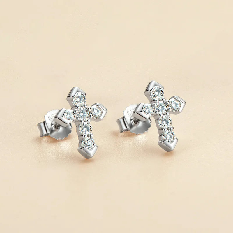 Cross Moissanite Earrings in Platinum-Plated 925 Silver