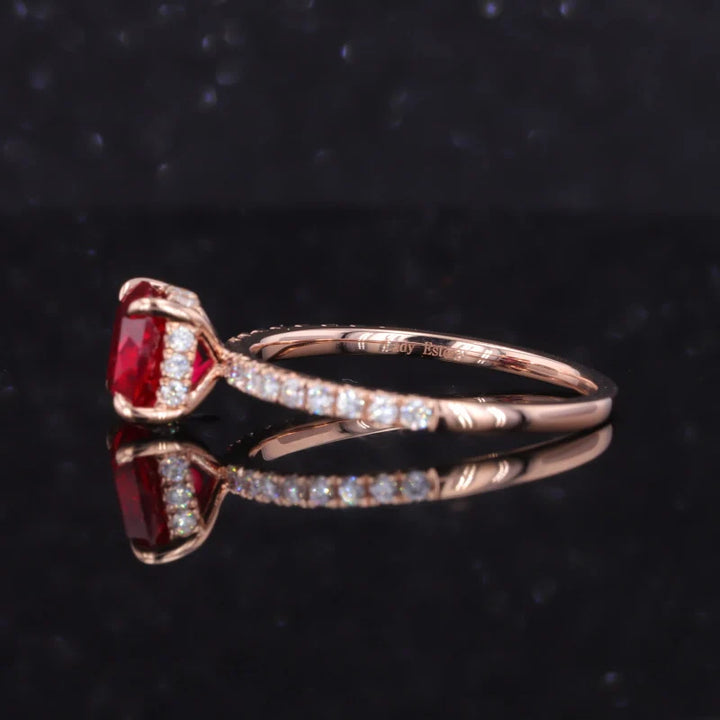 7mm, 2.00ct Asscher Lab-Grown Ruby with Half-Eternity Diamond Ring in 14K Rose Gold