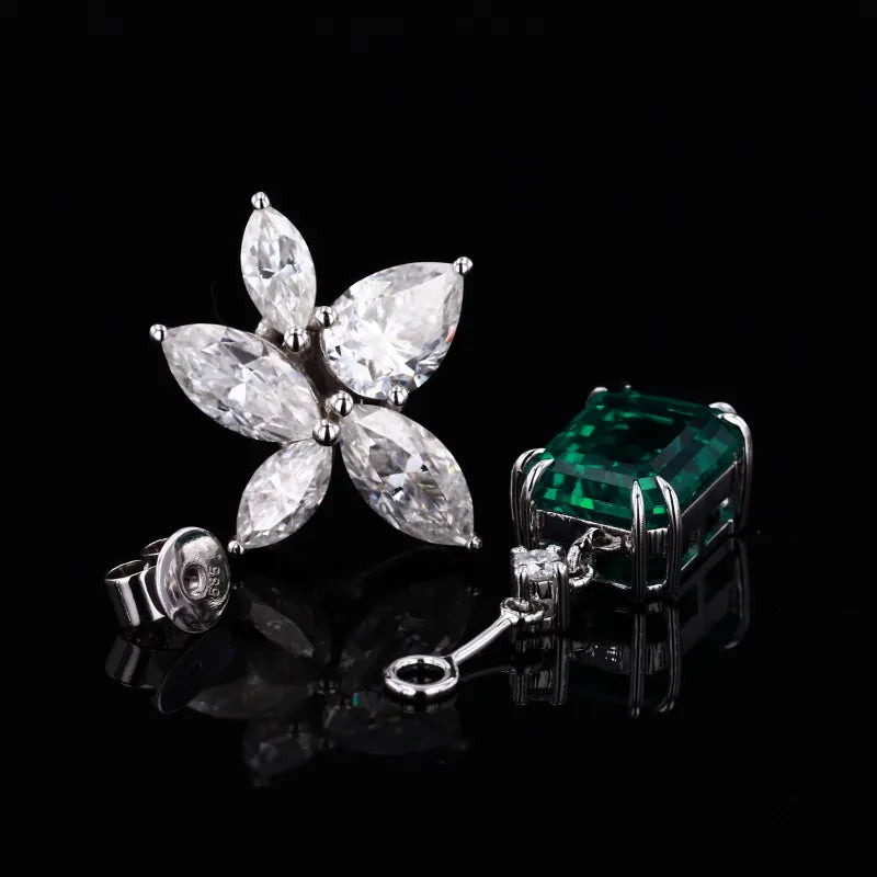 5x7mm, 1.00ct Each Lab-Grown Zambian Emerald Dangle Earrings with Marquise Diamond Flower in 14K White Gold