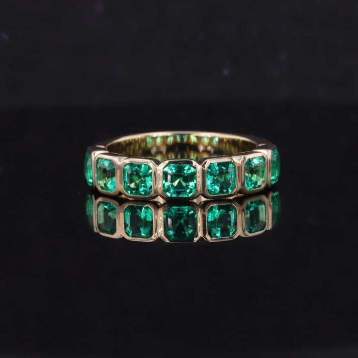 3.5mm Each, 1.75ctw Asscher Lab-Grown Colombian Emerald Half-Eternity Band Ring in 14K Yellow Gold