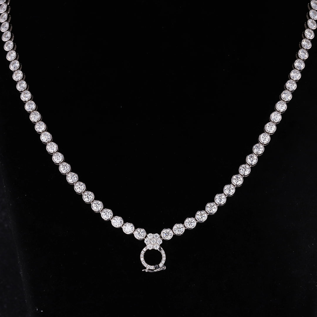12x16mm, 9.00ct Pear Lab-Grown Blue Sapphire Pendant with Bezel-Set Moissanite Tennis Necklace with 10K White Gold
