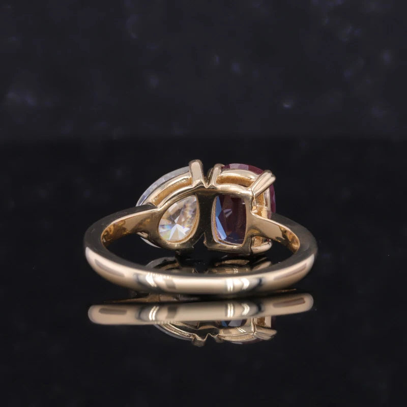 6*8mm Cushion Cut Alexandrite and 6*8mm Pear Cut Moissanite Toi Et Moi Ring in Solid 10K Yellow Gold