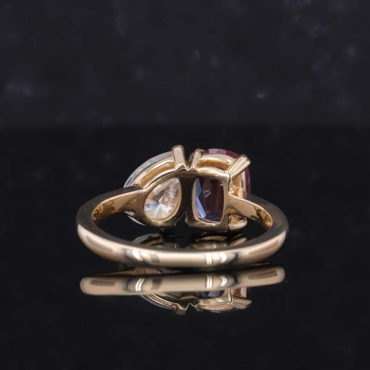 6*8mm Cushion Cut Alexandrite and 6*8mm Pear Cut Moissanite Toi Et Moi Ring in Solid 10K Yellow Gold