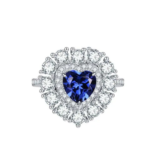 Heart Cut Blue Sapphire with Halo Ring in Platinum-Plated 925 Sterling Silver