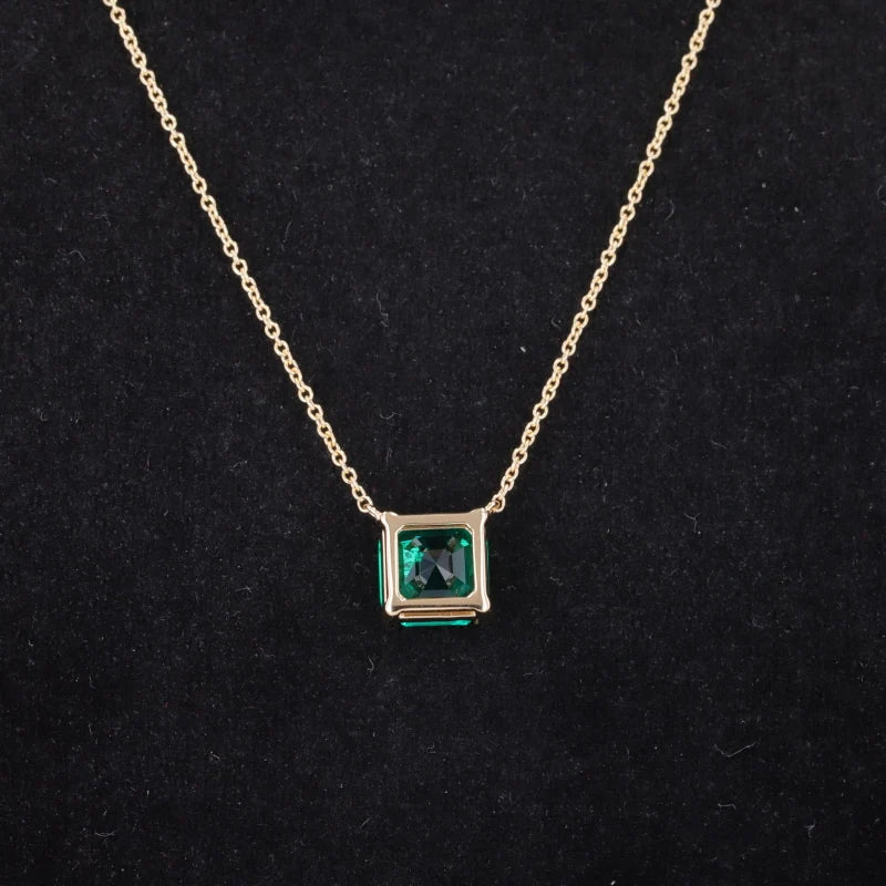 7*7mm Asscher Cut Columbian Green Emerald Pendant with Rolo Chain in 14K Solid Yellow Gold
