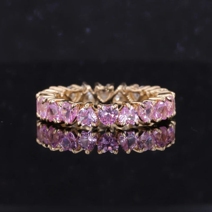 3.5mm, 4.40ctw Heart Lab-Grown Sakura Pink Sapphire & Diamond Eternity Band Ring in 14K Yellow Gold