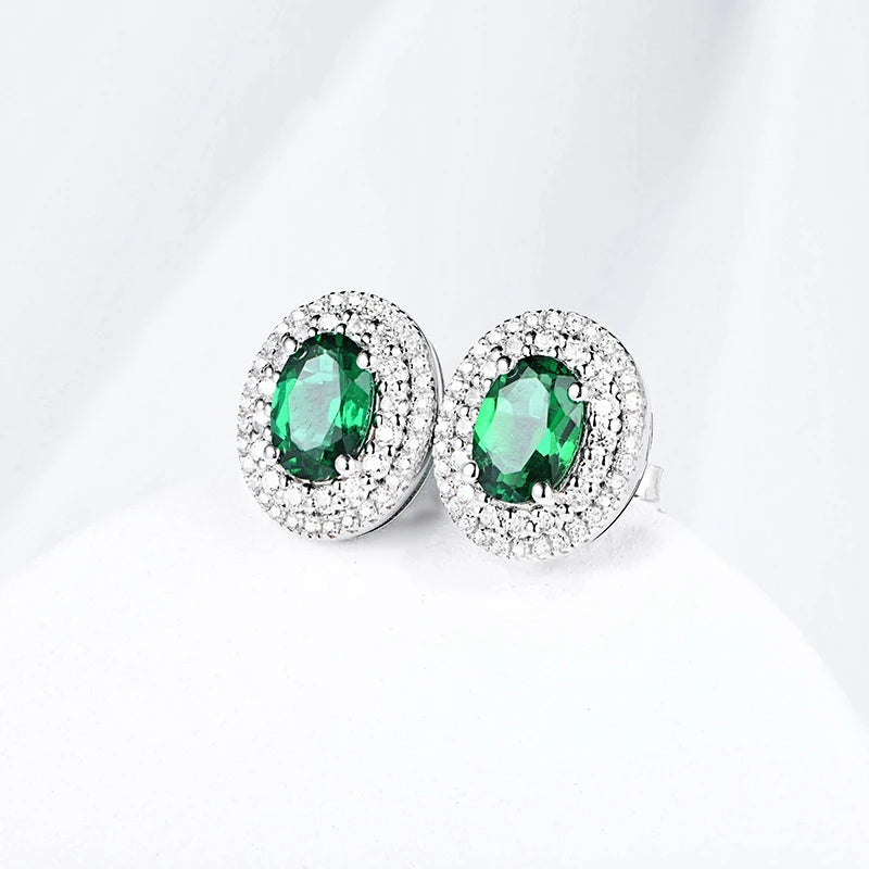 7*5mm Oval Cut Emerald Halo Stud Earrings in 18k White Gold-Plated 925 Sterling Silver