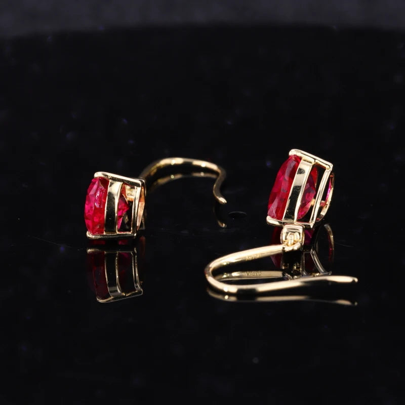 5*7mm Blood Red Pear Cut Red Ruby Diamond Earring in 14K Solid Yellow Gold