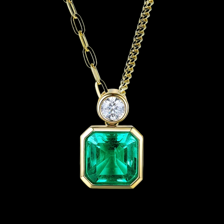 Asscher Cut Lab-Grown Columbian Emerald Pendant in 18k Yellow Gold