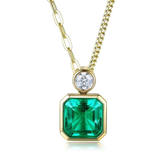 7*7mm Asscher Cut Colombian Emerald Pendant with Moissanite in 18K Solid Yellow Gold