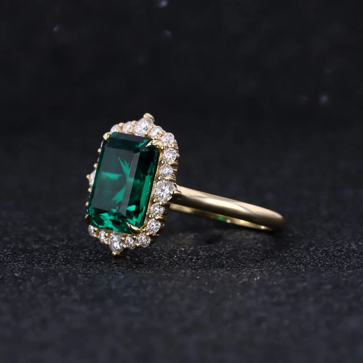 9x11mm, 4.60ct Lab-Grown Zambian Emerald with Diamond Halo Ring in 18K Yellow Gold