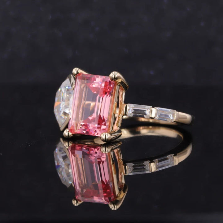 7.5x10mm Emerald Cut Sakura Pink Sapphire & 7.5mm Hexagon Cut Moissanite Toi Et Moi Ring in 14K Yellow Gold
