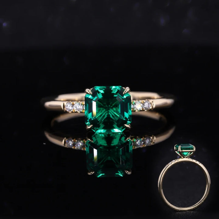 7x7mm, 1.50ct Asscher Lab-Grown Zambian Emerald with Diamond Accent Ring in Yellow Gold