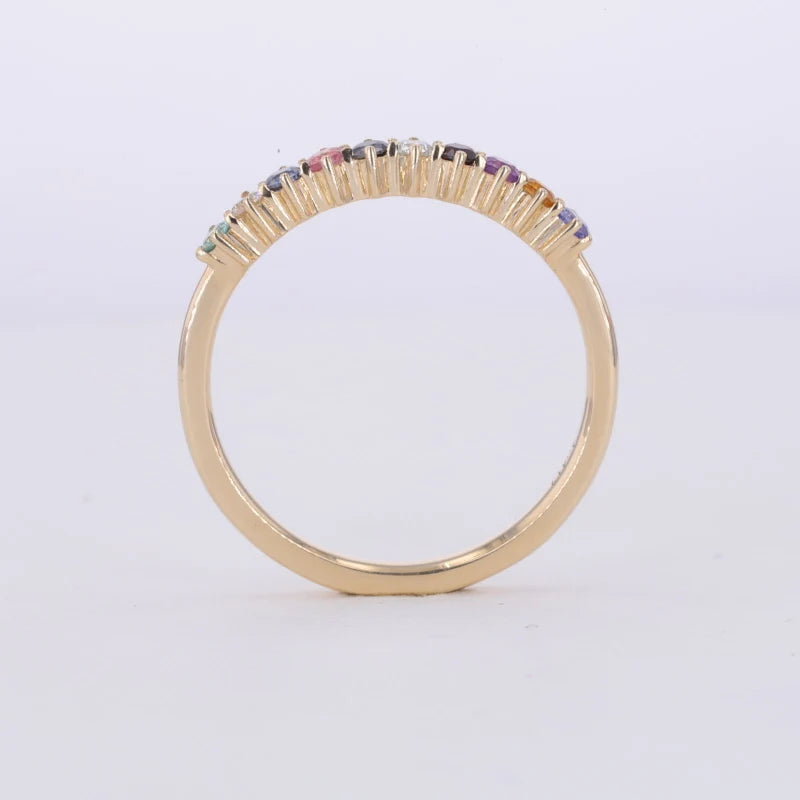 2mm, 1.10ctw Round Natural Multicolor Sapphires Half-Eternity Rainbow Ring in 14K Yellow Gold
