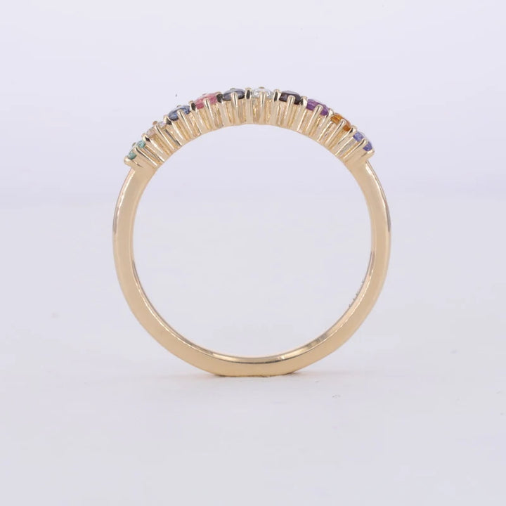 2mm, 1.10ctw Round Natural Multicolor Sapphires Half-Eternity Rainbow Ring in 14K Yellow Gold
