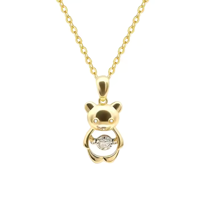 Bear Pendant Necklace with Dancing Diamond in 18K Solid Yellow Gold