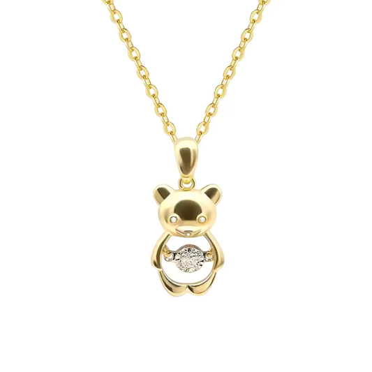 Bear Pendant Necklace with Dancing Diamond in 18K Solid Yellow Gold