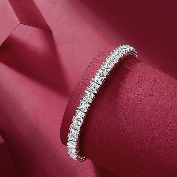 4.5mm 0.5ct D color, VVS Cluster Princess Moissanite Tennis Bracelet in White Gold-Plated 925 Sterling Silver Tennis Bracelet