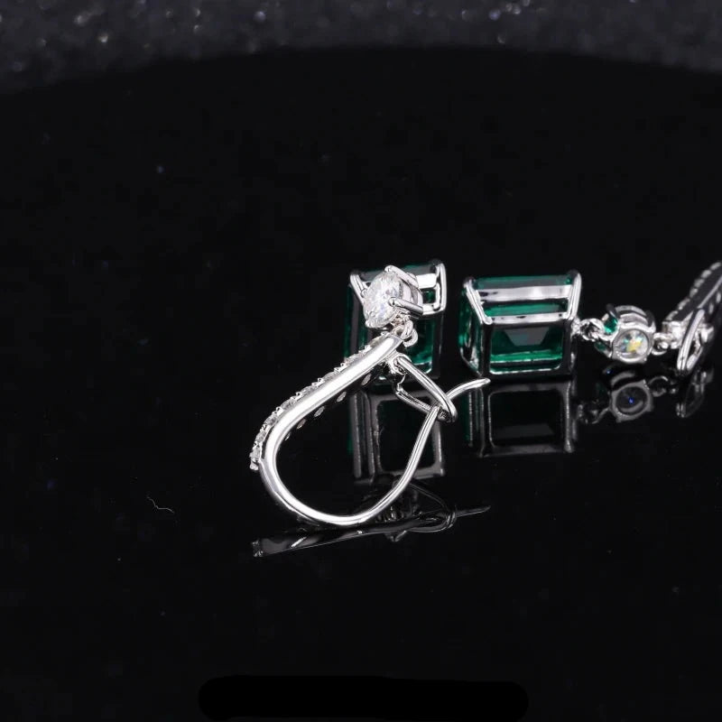 9x11mm, 3.50ct Each Emerald Cut Zambian Emerald with Diamond Dangle Earrings in 14K Solid White Gold