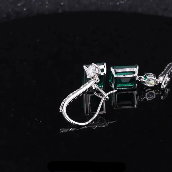 9x11mm, 3.50ct Each Emerald Cut Zambian Emerald with Diamond Dangle Earrings in 14K Solid White Gold