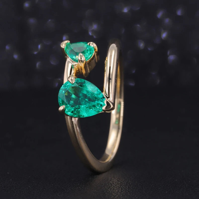 6*8mm Emerald Cut Zambian Green Emerald Two-Stone Ring in 14K Solid Yellow Gold