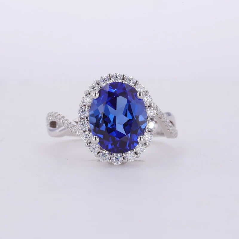 8*10mm Oval Cut Blue Sapphire Moissanite Halo Ring in 18K Solid White Gold