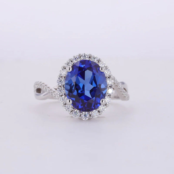 8x10mm, 4.00ct Oval Lab-Grown Blue Sapphire with Diamond Halo Ring/Twisted Band in 14K White Gold