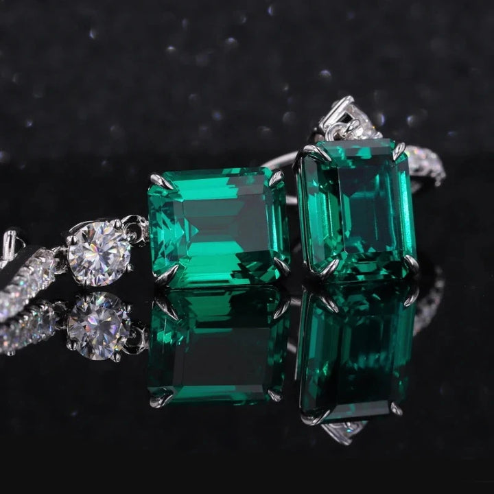 9x11mm, 3.50ct Each Emerald Cut Zambian Emerald with Diamond Dangle Earrings in 14K Solid White Gold