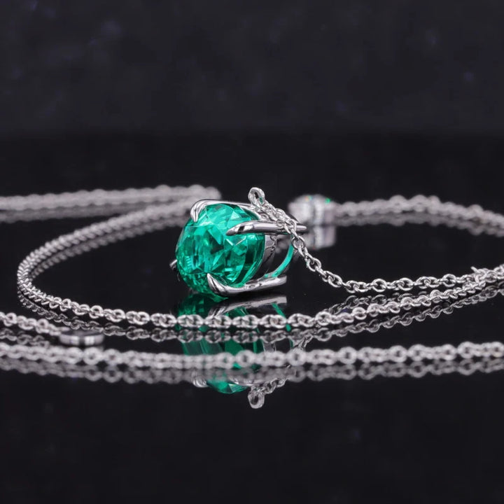 6x8mm, 1.50ct Oval Lab-Grown Colombian Emerald Pendant with Diamond Accent Necklace in 14K White Gold