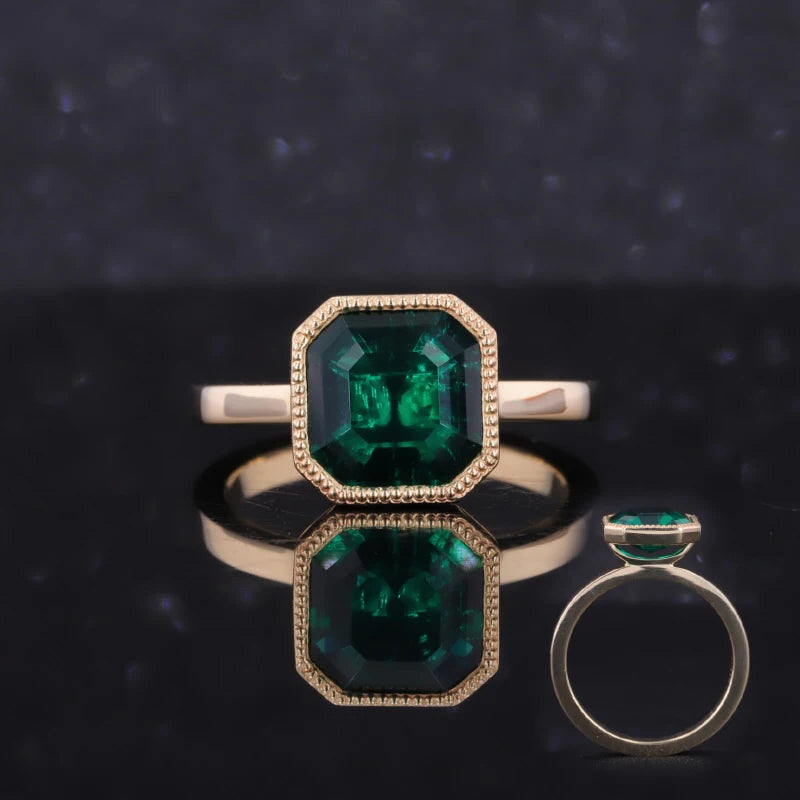 8*8mm Asscher Cut Zambian Green Emerald Ring in 10K Solid Yellow Gold